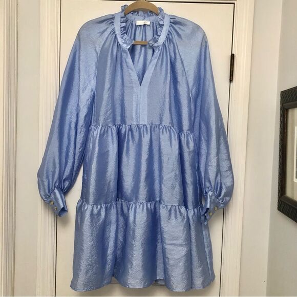 Stine Goya Jasmine Mini Dress Light Blue Tiered Trapeze Shift Taffeta V-Neck S - Picture 5 of 11